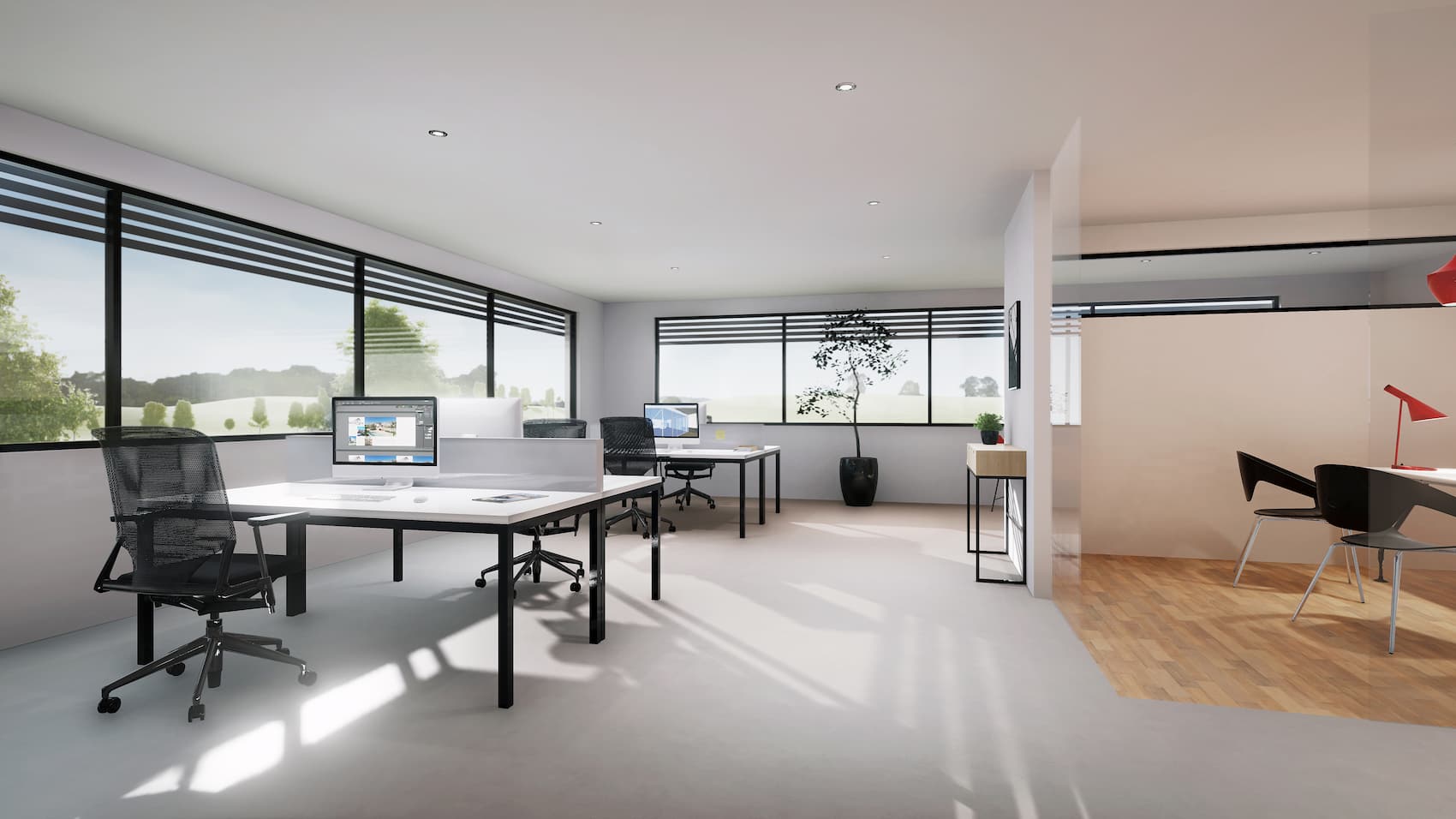 isolation-bureau Intérieur de bureau blanc avec mobilier de travail et ordinateurs